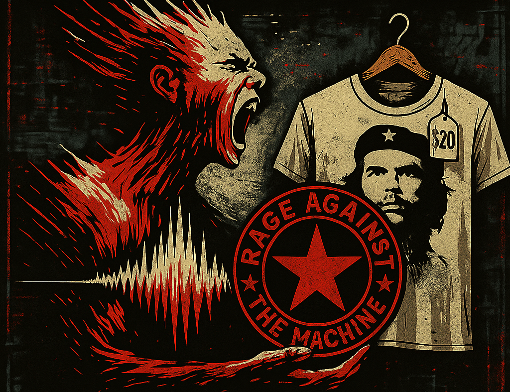 Collage de Rage Against the Machine y una remera del Che como mercancía